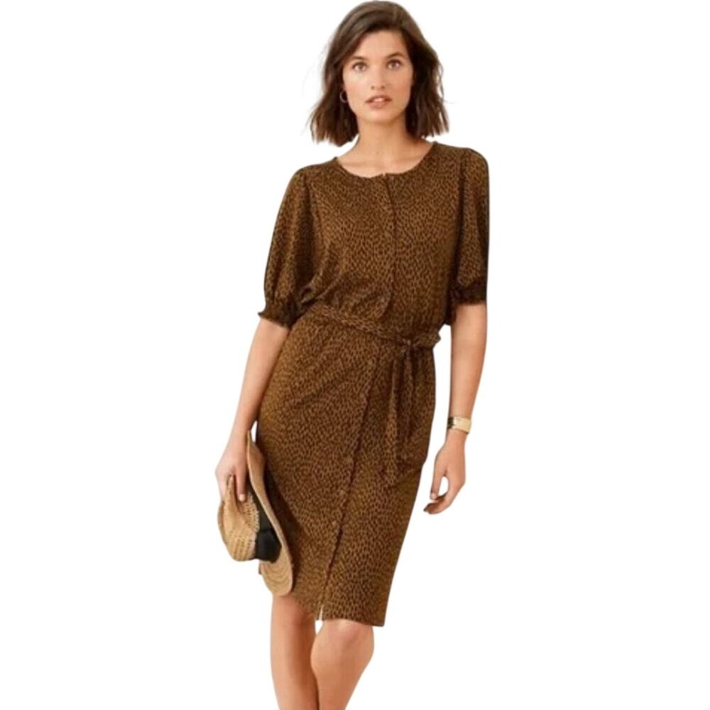 NEW GARNET HILL Smocked Elbow Sleeve Jersey Knit Dress in Brown & Black SZ L